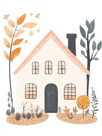 A simple outline of a charming house surrounded by a garden filled with autumn foliage, evoking a comforting and inviting ambiance.の素材