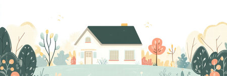 A serene house silhouette stands amidst a colorful garden filled with various plants, creating a cozy and inviting atmosphereの素材