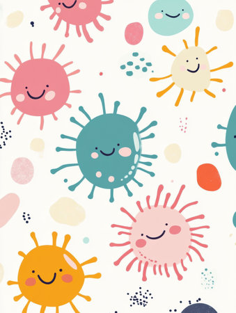 A collection of smiling cartoon microbes in various colors, joyfully expressing life amidst a playful background with simple forms.の素材