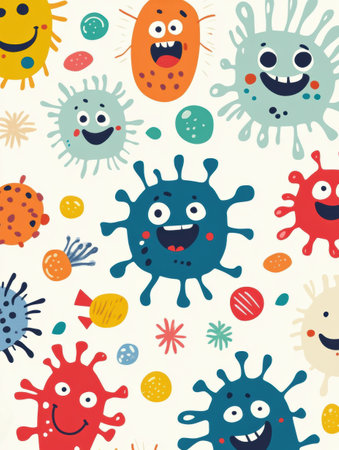 Smiling cartoon microbes in various colors dance joyfully, creating a cheerful atmosphere that promotes positivity and happiness.の素材
