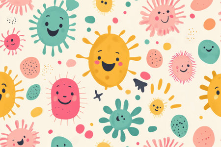 Smiling cartoon microbes of various shapes and colors fill the background, presenting a lively and cheerful atmosphere perfect for engaging audiences.の素材