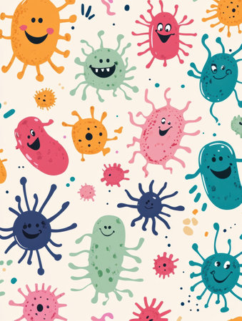 A vibrant collection of smiling cartoon microbes showcases various shapes and colors, creating an upbeat and joyful atmosphere among them.の素材