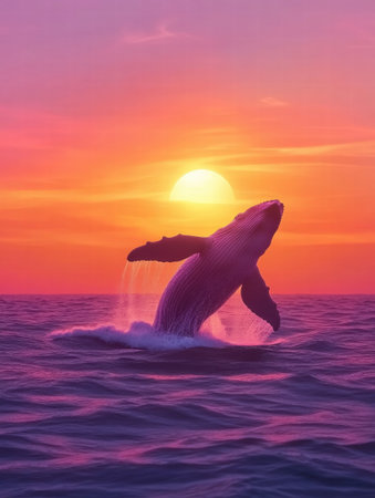A majestic whale lifts its body out of the water, creating a powerful silhouette against a colorful sunset over the calm ocean waves.の素材