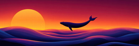 A majestic silhouette of a whale leaps from the ocean against a vibrant sunset backdrop, creating a breathtaking view of nature.の素材