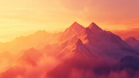 Vibrant colors illuminate mountain peaks as the sun rises, casting a serene glow over the serene landscape filled with natural beauty.の素材