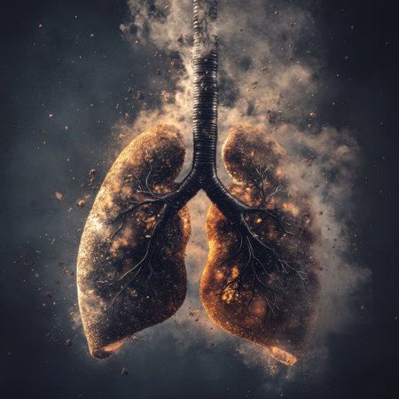 Lungs are surrounded by dense smog and floating dust particles, illustrating the adverse effects of air pollution on respiratory health.の素材