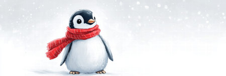 A cheerful penguin stands alone in soft, falling snow while wearing a bright red scarf, exuding joy in a winter wonderland.の素材