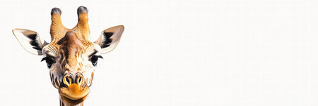 A whimsical illustrated giraffe is portrayed with notable facial details, set against a simple white background, creating a charming focal point.の素材