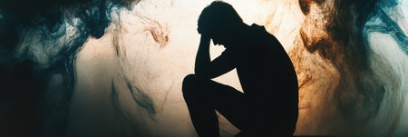 In a dimly lit space, an individual sits hunched over, surrounded by swirling colors that embody inner conflict and distress.の素材