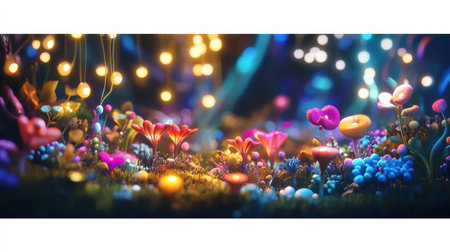 Discover a captivating microscopic ecosystem, teeming with colorful flora and friendly microbes under a soft, radiant glow.の素材