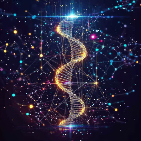 A luminous DNA double helix is surrounded by colorful molecular connections, creating a dynamic and energetic visual representation of life.の素材