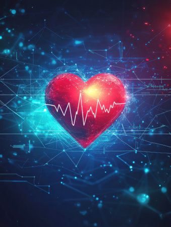 This glowing red heart features a dynamic cardiogram displayed prominently, symbolizing health and life energy amidst a futuristic backdrop.の素材