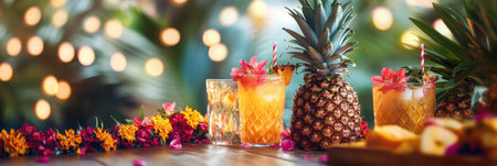 Brightly colored tropical drinks are served alongside fresh pineapples at a cheerful summer picnic filled with floral decorations.の素材