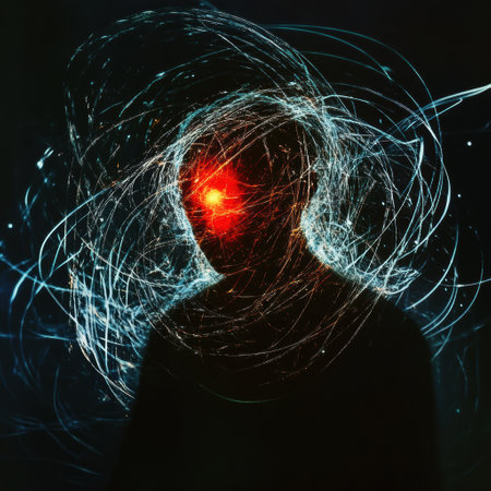 A person engages in a captivating experience surrounded by swirling lines and vibrant shapes, showing their creative energy and emotion.の素材