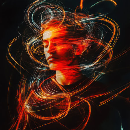 A person stands still while vibrant, swirling lines and abstract shapes flow around them, creating a dynamic and expressive atmosphere.の素材