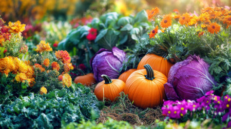 A vibrant garden displays rows of fresh carrots, purple cabbages, and bright orange pumpkins, surrounded by blooming flowers in autumn.の素材