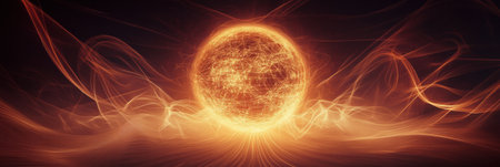 A bright digital globe emits light while surrounded by swirling lines and luminous points, creating a captivating visual display in a vast space.の素材