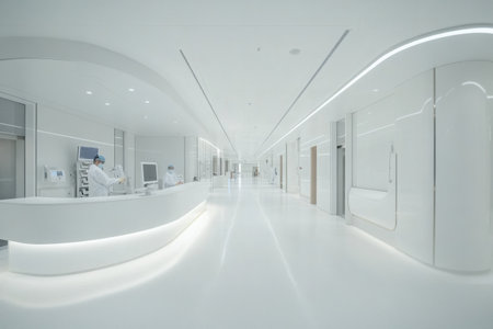Bright and clean hospital corridor nurses features engaged in patient care activities, highlighting a modern healthcare environment.の素材