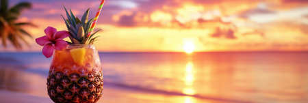 A refreshing pineapple drink sits on the sand, adorned with a flower and straw, as the sun sets over a tranquil beach.の素材