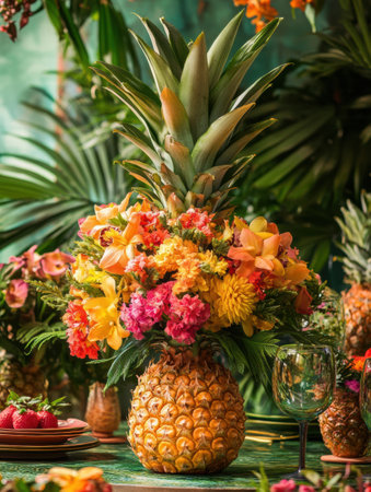 Vibrant bouquet of flowers arranged in a pineapple, surrounded by tropical decor at a festive gathering on a sunny day.の素材
