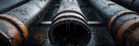 Industrial pipes with black oil dripping from them at a manufacturing site in the afternoon light. Generative AIの素材