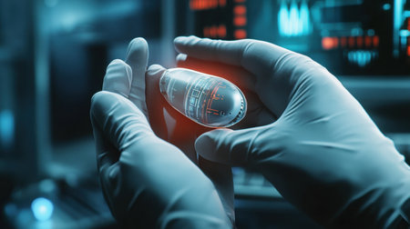 A researcher in a laboratory examines a glowing medical capsule, highlighting advances in healthcare technology and innovation.の素材