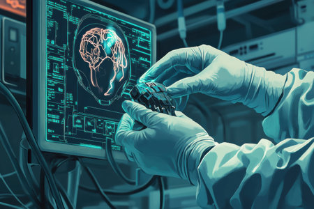 In a laboratory, a healthcare professional examines brain activity displayed on a computer while manipulating a high tech diagnostic device.の素材