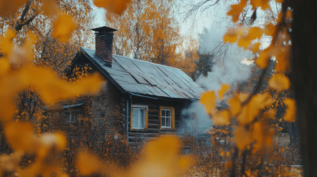 A charming log cabin is surrounded by vibrant autumn leaves as smoke rises from the chimney, creating a cozy atmosphere in the woods.の素材