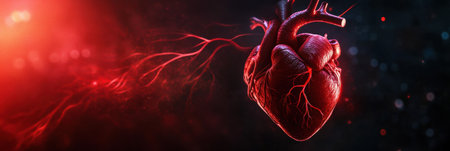 A red lit human heart with visible arteries stands out against a dark background, evoking strong emotions.の素材