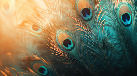 Lush peacock feathers radiate brilliant hues of blue and green under the warm glow of evening light, creating a serene atmosphere.の素材