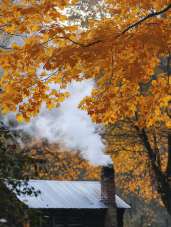 Golden yellow leaves frame a rustic chimney as smoke billows softly into the crisp autumn air, creating a peaceful countryside atmosphere.の素材