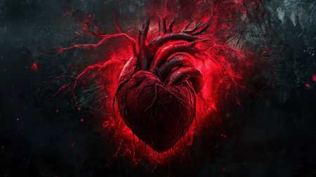 This artwork depicts a highly detailed red heart symbol surrounded by contrasting dark textures, creating a striking visual impact.の素材