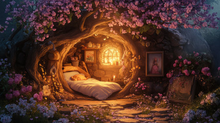 Enchanting nook in a garden features a sleeping figure surrounded by flowers and warm candlelight creating a dreamlike atmosphere.の素材