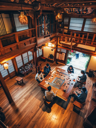 Friends enjoying a lively board game night in a warmly lit, traditional Japanese room filled with wooden interiors and cozy ambiance.の素材