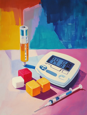 Various medical instruments and colorful cubes are arranged on a vibrant surface, highlighting health measurement instruments and syringes.の素材