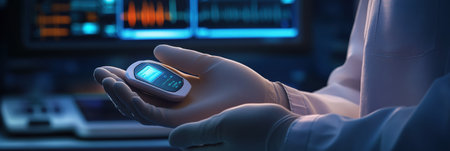 A healthcare worker checks vital signs using a handheld monitoring device in a dimly lit hospital environment focused on patient care.の素材