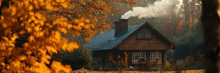 A charming wooden cabin stands amidst vibrant autumn leaves, with a plume of smoke curling from the chimney in a tranquil wooded area.の素材