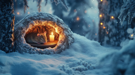 A small mouse is peacefully sleeping near a warm candle inside a cozy burrow in a wintery forest, surrounded by snow and soft glowing lights.の素材