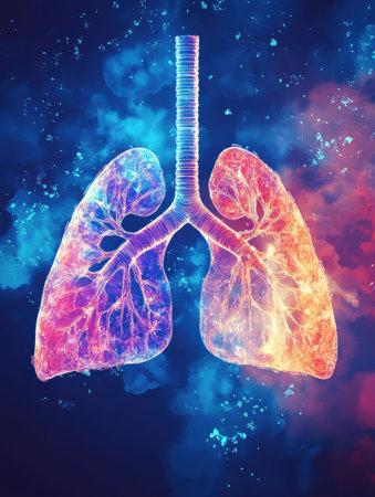 Brightly colored lungs with intricate details are set against a swirling, vibrant background, symbolizing health and vitality.の素材
