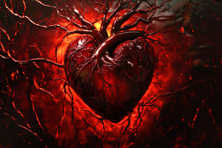 A striking heart design emerges from a fiery background, showing intricate roots intertwining with vivid colors, symbolizing deep emotion.の素材
