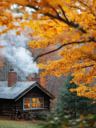 A rustic log cabin sits amid colorful autumn leaves as smoke gently rises from its chimney, creating a warm and inviting atmosphere.の素材