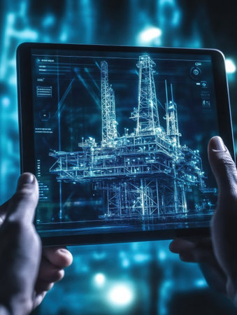 Hands hold a tablet showing a detailed 3D model of an oil rig against a digitally enhanced background with glowing features.の素材