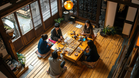 A group of five friends sits on the floor playing board games around a wooden table in a warm, inviting room filled with plants.の素材
