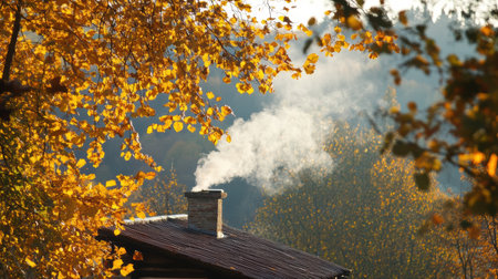 Soft white smoke billows from a chimney amid bright yellow and orange leaves, creating a cozy atmosphere in a peaceful rural area.の素材