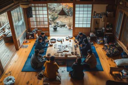 Several friends gather around a low table in a traditional Japanese house, sharing food and conversation on a fall afternoon.の素材