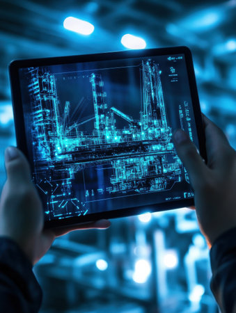Tablet showcases a 3D oil rig model in a well lit industrial space, highlighting advanced technology and engineering design.の素材