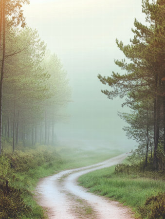 A peaceful forest trail winds through tall trees, enveloped in soft morning mist, inviting exploration and serenity in nature.の素材