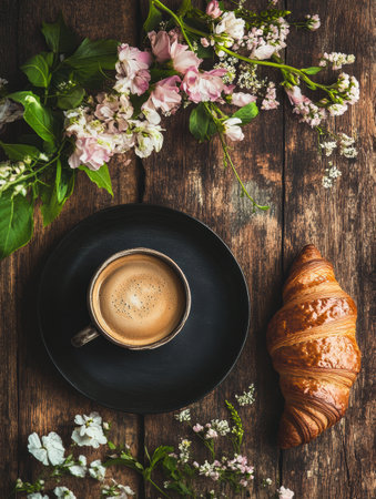 A cozy moment with a cup of coffee and a croissant beside vibrant flowers on a rustic wooden tableの素材