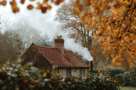 A quaint cottage nestled in the woods, with warm smoke curling from the chimney amidst vibrant autumn leaves.の素材