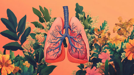 Lungs depicted in a striking composition with diverse flowers and foliage, representing a blend of health and natures beauty.の素材